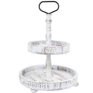 En bois 2 Niveaux Plateau Décoratif, Rond, Ferme Rustique Plateau de service pour la Cuisine, Blanchies à la chaux Bois Dessert Stand - Neuf