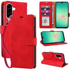 TRAHOO-Walle &Eacute;tui de t&eacute;l&eacute;phone en cuir souple pour Samsung A26, 4 emplacements pour cartes, blocage RFID, r&eacute;sistant aux chocs, b&eacute;quille et dragonne, rouge - Neuf