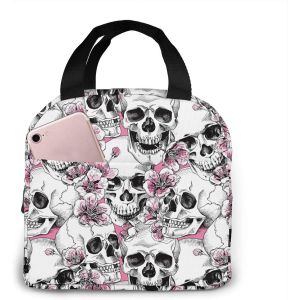 Sac &Agrave; D&eacute;jeuner Isotherme R&eacute;utilisable Panier Repas Avec Motif T&ecirc;te De Mort Et Fleurs Roses Et Cerises - Neuf