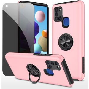Kal-Privacy Coque Pour Samsung Galaxy A21s Housse Etui Avec Anti-Espion Verre Trempé Avec Support De Bague Résistant Aux Chocs Résistant Aux Rayures Pc Silicone Heavy Duty- Rose - Neuf