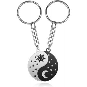 Kal-2pcs Porte-Clés Couple Amoureux Soleil Lune Yin Yang Noir Et Blanc Pendentif Puzzle Séparable Acier Inoxydable Cadeau Amour Femme Homme Saint Valentin Anniversaire Fête - Neuf