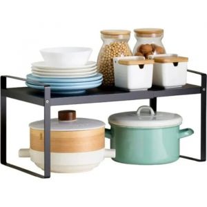 NOIR RANGEMENT EXTENSIBLE EN METAL,ETAGERE A POSER MICRO-ONDES-ETAGERE CUISINE-GAIN DE ESPACE Label - Neuf