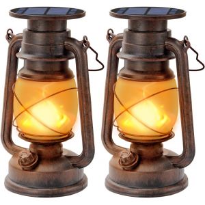 Lanterne Solaire Extérieure, 2 Pièces Vintage Solaire Lanterne Led Tempête Rétro Lanterne Camping Avec Effet De Flammes Lanterne Led D'extérieur Étanche Lampe Solaire Pour Jardin Porche Fête - Neuf