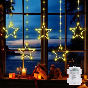 Rideau Lumineux Noël 5 Étoiles 96LED Guirlande Lumineuse Pile 8 Modes Étanche IP65 Minuterie Décoration Intérieur/Exterieure pour Sapin de Noël Fenêtre Chambre - Blanc Chaud - Neuf