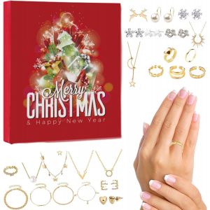 (Argent + Or) Calendrier de l'Avent de No&euml;l - Calendrier de l'Avent de No&euml;l 24 jours - Bo&icirc;te &agrave; bijoux 6 bagues, 6 anneaux, 4 bracelets, 8 boucles d'oreilles pour remplir les cadeaux - Neuf