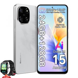Blackview COLOR 6 T&eacute;l&eacute;phone D&eacute;bloqu&eacute; 24Go+128Go/2To 6.67"" 50MP+13MP 5000mAh Android 15,Dual SIM- Blanc avec R50 montre intelligente - Neuf