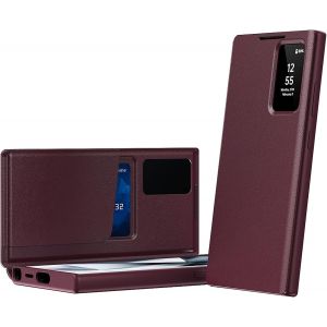 SJZG-Housse Pour Galaxy S25 Ultra,&Eacute;tui De T&eacute;l&eacute;phone Intelligent Avec Fen&ecirc;tre Et 1 Emplacement Pour Carte,&Eacute;tui De Protection Complet En Cuir Exquis, Pour Samsung Galaxy S25 Ultra 5G-Rouge - Neuf