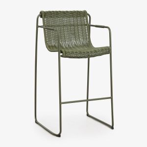 Tabouret De Jardin Haut Empilable Avec Accoudoirs En Rotin Synth&eacute;tique Et Acier Revia Vert Olive Intense &iquest;75 Cm - Neuf