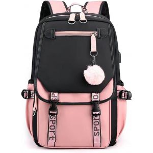 Sac &agrave; Dos de Filles Sacs d'&eacute;cole Loisir Unisexe Cartable Sacs Scolaires avec Port de Charge USB pour Outdoor Voyage Achats Campus Randonn&eacute;e avec Pendentif Hair Ball Daypacks Noir Rose A - Neuf