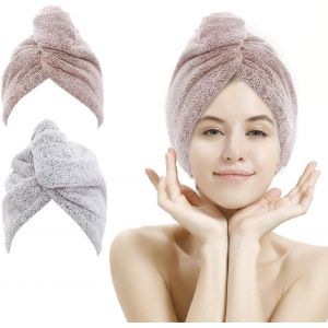 TIANYI-Lot de 2 Serviettes &agrave; Cheveux en avec Attache pour s&eacute;cher Vos Cheveux Plus Rapidement (Gris &eacute;toile et Rose &eacute;toile) - Neuf