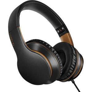 AYU-X6 Casque supra-auriculaire avec microphone, léger, pliable et portable, basses stéréo avec fil anti-enchevêtrement de 1,45 m pour smartphone, tablette, MP3/4 (noir et doré) - Neuf