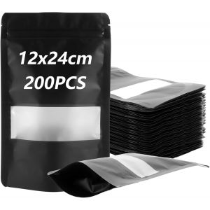 Kal-200 Pièces Sachet Kraft Alimentaire, Réutilisables Emballage Alimentaire, Pochette Kraft Avec Fermeture Zip Et Fenêtre Transparente, Pour Noix, Céréales, Grains De Café, Etc (Noir, 12x24 Cm) - Neuf