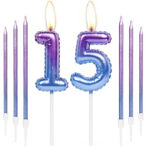 Eryi-Lot De 6 Bougies D'anniversaire Colorées En Forme De Chiffre 15 6 Longues Bougies Violettes Et Bleues Gâteau, Bougies De Gâteau Filles Et Garçons, Décorations De Fête D'anniversaire, - Neuf