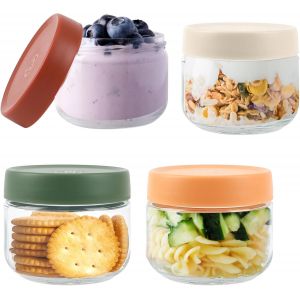 Cmws-4 Tasses À Céréales À Yaourt, 300ml Verre D'avoine De Nuit Avec Capuchon D'étanchéité Fileté, Verres D'avoine Pour Avoine/Salades/Yaourt/Confitures, Bocal En Verre D'avoine En Verre Durable - 4c - Neuf