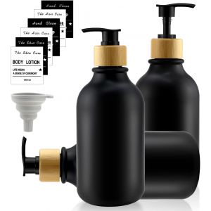 KAL-Lot De 3 Distributeurs De Savon En Plastique Noir Mat - Bouteilles À Pompe - 500 Ml - Distributeur De Shampooing Avec Autocollant - Funnel - Pour Cuisine, Salle De Bain - Neuf