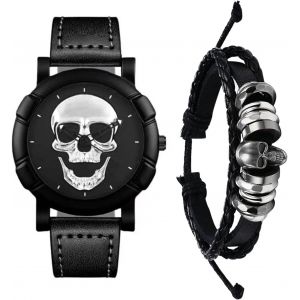 Fdjhy-Lot De 2 Montres En Cuir Pour Homme - Motif Tête De Mort - Doré - Analogique - Quartz - Ensemble D'halloween - Steampunk Gothique - Réglable - Cadeau Pour Homme - Neuf