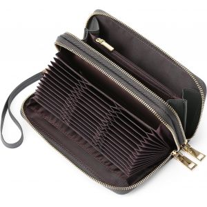 CAUC-Portefeuille pour femme - Grande capacité - En cuir - Avec protection RFID - Longue double fermeture éclair - Avec 24 compartiments pour cartes et dragonne amovible - Neuf
