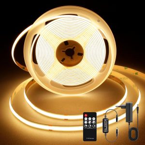 Ruban Led Cob 2m,Bandeau Led 2700k Avec Alimentation Et Télécommande,Dc24v,480leds/M,Cri 90+,Largeur 8mm,Ruban Led 2m Blanc Chaud Pour Décoration De Chambre - Neuf