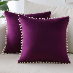 Tianyi-Lot De 2 Housses De Coussin Décoratives En Velours Doux Pompons Taies D'oreiller Décoration D'intérieur Housse Coussins Pour Canapé Lit Chaise Chambre Salon (60x60 Cm, Aubergine Violet) - Neuf