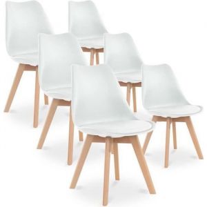 CATHERINA Lot de 6 chaises - Blanc - Scandinave - Pieds bois - Neuf