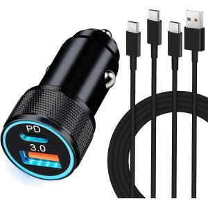JGD-38W Chargeur Voiture et Type-C C&acirc;bles, Prise Allume Cigare USB C Rapide 2 Ports (PD/QC) et 2X C&acirc;bles, Adaptateur Secteur 12V Compatible avec iPhone 17 Air Pro Max 16 15 16e, Samsung, Pixel - Neuf