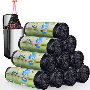 CHECARZHN--NO1-Lot De 200 Sacs Poubelle 30L Avec Poignees - Sac Poubelle Lien Coulissant, Recycles, Resistant, Anti-Fuites, Sac Poubelle Rectangulaire 30 Litres Taille Large 64 X 54 Cm Noir - Neuf