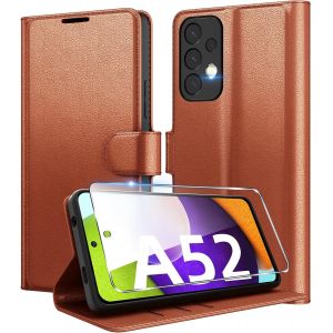 AEFJ-Coque pour Samsung Galaxy A52 (5G/4G) / A52s 5G + 1 Verre Trempé Protection écran,[Housse Premium en Cuir PU][Fentes pour Cartes][Pochette de Portefeuille],Etui à Rabat - Brun - Neuf