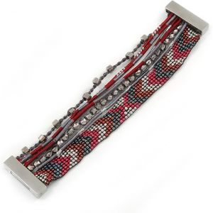 H&eacute;matite/Argent/Perle En Verre Rouge Fonc&eacute;,Cordon En Soie Fait Main Bracelet Magn&eacute;tique &iquest; 18 Cm L - Neuf