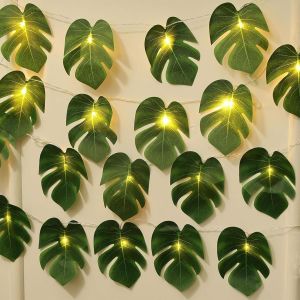 TRAHOO-Guirlande lumineuse en feuilles de palmier - 3 m - 20 LED - Fonctionne avec piles - Guirlande lumineuse Monstera Leaf - Feuilles de palmier artificielles - Pour f&ecirc;te hawa&iuml;enne, f&ecirc;te d'&eacute;t&eacute;, d&eacute;c - Neuf