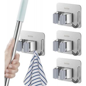 Porte-balais mural, 4 pièces en acier inoxydable, sans perçage, pour salle de bain, cuisine, jardin, garage, placard (argent) - Neuf