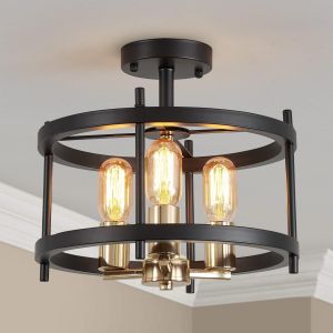 Subzonal-Lustre De Plafond Saint Mossi, Montage Semi-Plat Dans Un Style Ferme, Avec 3 Douilles Pour Ampoules, Cadre En M&eacute;tal Noir Mat Avec Une Finition Dor&eacute;e Brillante - Neuf