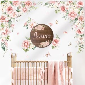 Stickers Muraux Fleurs Rose Grand Autocollant Murale Pivoine Floral Aquarelle Papillons Décoration Murale Bébé Fille Chambre Enfants Pépinière - Neuf