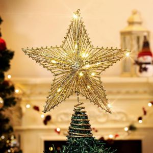 Sapin de Noël étoilé 20 x 25 cm, LED en métal brillant, décoration traditionnelle pour sapin de Noël avec guirlandes lumineuses pour la maison - Neuf