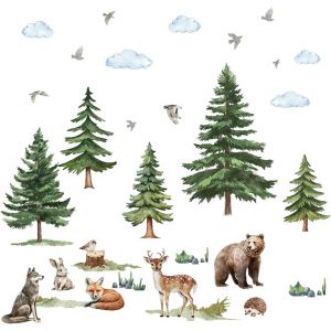 Stickers Muraux Forêt De Pins Et Animaux Autocollants Uraux Loup Cerf Renard Ours Lapin Stikers Murals Auto-Adhésif Papier Peint Décoratifs Chambre Enfant Bébé Pépinière Salon - Neuf