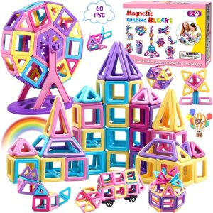 Eryi-60pcs Jeu Bloc De Construction Magnétique Enfant, Construction Magnétiques Enfants Educatif Jeux Cadeaux, Cadeaux D'anniversaire De Noël Jouet Pour Fille Garcon Enfants 3 4 5 6 7 Ans - Neuf