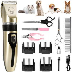 Tondeuse Chien Professionnelle¿13 Pcs Tondeuse Chien¿Lames En Céramique Amovibles Et Lavables¿Faible Bruit Rechargeable Electrique Tondeuse Pour Chien Et Chat Dog Clipper Kit (Doré) - Neuf