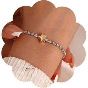 Kalsw-Bracelet De Tennis En Zircone Cubique Bracelet De Tennis Avec Breloque Étoile En Or Bracelet De Tennis En Cristal Cz Réglable Bracelet De Poignet En Cristal Argenté Bijoux Pour Femmes Filles - Neuf