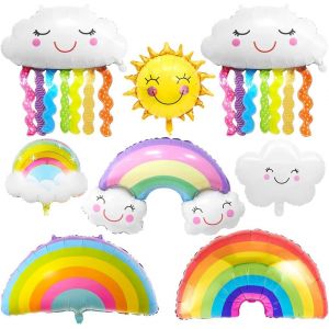 TRAHOO-Nuage Aluminium Ballons XXL 8 Pièces Arc-en-ciel, Visage Nuage, Ballon Fleuret Glands Souriants, Géant Ballon de Soleil pour Anniversaire Baby Shower Fête Thème Arc-en-ciel - Neuf