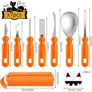 Cauc-Kit De Sculpture De Citrouille D'halloween, 7 Pi&egrave;ces Outil Sculpture Citrouille Avec 10 Mod&egrave;les De Gravure, Ensemble De Sculpture De Citrouille, D&eacute;corations De Lanternes De Bricolage - Neuf