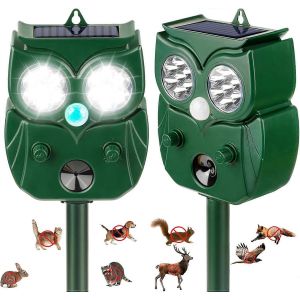 Repulsif solaire pour animaux (lot de 2) a ultrasons avec detecteur PIR et lumiere clignotante, 5 modes, pour exterieur (jardin, pelouse). - Neuf