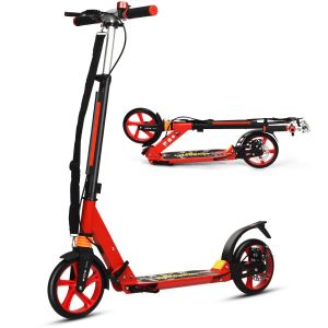 Trottinette Pliable 95 X 37 X 86,5 - 101 Cm Hauteur Ajustable Frein &Agrave; Main Design Moderne En Aluminium Rouge Helloshop26 20_0014608 - Neuf
