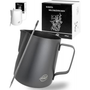 KAL-Pichet À Lait Inox 600Ml, Mousseur À Lait Pour Cappuccino Et Espresso Noir Anthracite, Pot À Lait En Acier Inoxydable (Aussi 350Ml), Inclus Un Stylo Pour Latte Art Et Une Boîte Cadeau - Neuf