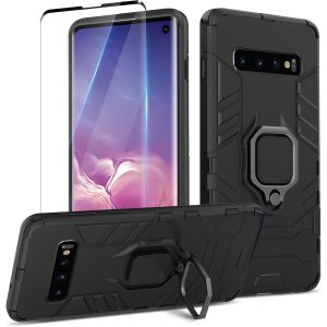 Kal-Coque Pour Samsung Galaxy S10 4g Avec Verre Trempé, Etui De Protection Antichoc De Qualité Militaire, Housse Avec Anneau Support Métallique, Support De Voiture Magnétique Case, Noir - Neuf