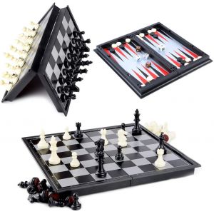 Echecs/Dames/Backgammon 3 En 1 Ensemble,Portable Pliant Voyage Magn&eacute;tique &Eacute;chiquier Pour Enfants (25x25x2cm) - Neuf