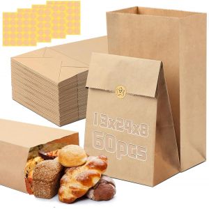 TIANYI-60 Pièces Sachet Kraft, 13x24x8cm Sac Papier Kraft Pochette Kraft avec Autocollants Pochette Cadeau Kraft Sachet Kraft Alimentaire pour Bonbon Biscuits Mariage Anniversaire Noël Halloween - Neuf