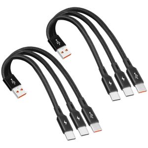 C&acirc;ble De Charge Multiple 3-En-1, Type C, Usb A, Nylon Tress&eacute;, 2 Pi&egrave;ces, Compatible Avec Iphone 15 Pro/15 Plus, Samsung S24 S23 (0.2M/(2Pcs)) - Neuf