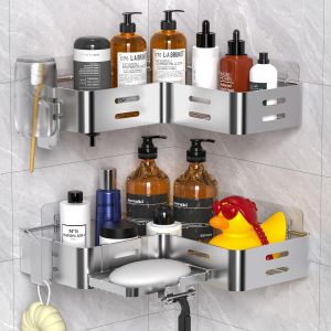 Etagere Douche Sans Percage 2 Pi&egrave;ces, Acier inoxydable argent&eacute; Etagere Salle de Bain Rangement et Organisation de La Salle de Bain Avec Porte - Savon et Crochet - Neuf