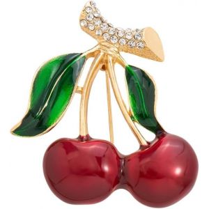Kjdal-Broche Cerise Mignonne Pour Femme &Eacute;pingle &Agrave; Col En M&eacute;tal Dor&eacute; Avec Strass Et &Eacute;mail Rouge Verte Accessoire &Eacute;l&eacute;gant Pour Robe Chapeau Sac Ou Costume Cadeau Femme Fille - Neuf