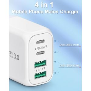 2 Pack Chargeur Secteur USB,40W 4 Port Chargeur Repede Mural Multi USB PD et QC Bloc Chargeur USB C Chargeurs T&eacute;l&eacute;phones Portables Compatible Aves iPhone 15 Pro Max 14 13 12,iPad Pro,Galaxy(Blanc) - Neuf