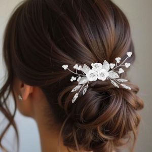 Kalvd-Peignes À Cheveux En Forme De Fleur Pour Mariée Avec Strass Argentés Et Perles-Accessoires De Cheveux Pour Femmes Et Filles - Neuf